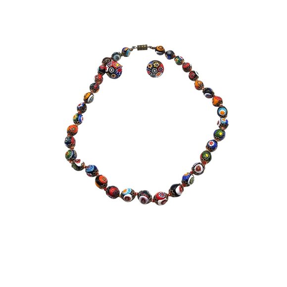 Vintage Venetian Murano Millefiori Glass Bead Necklace & Clip-On Earrings Set - Picture 7 of 16
